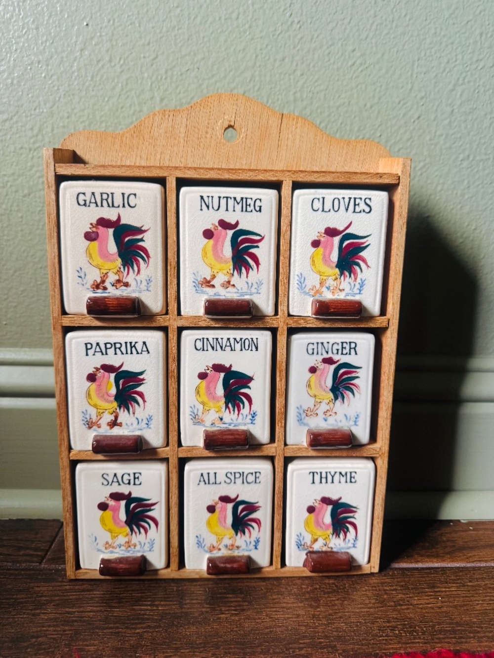 Vintage Fred Roberts Rooster Wooden Ceramic Spice Rack Made in Japan. As u can s